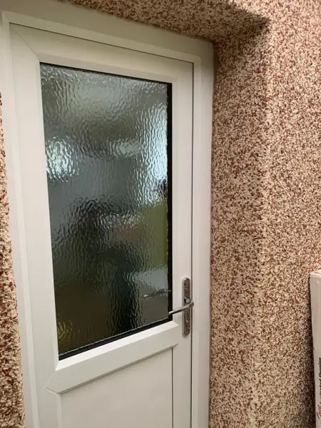 White uPVC door with minster obscured glass.: Swipe To View More Images